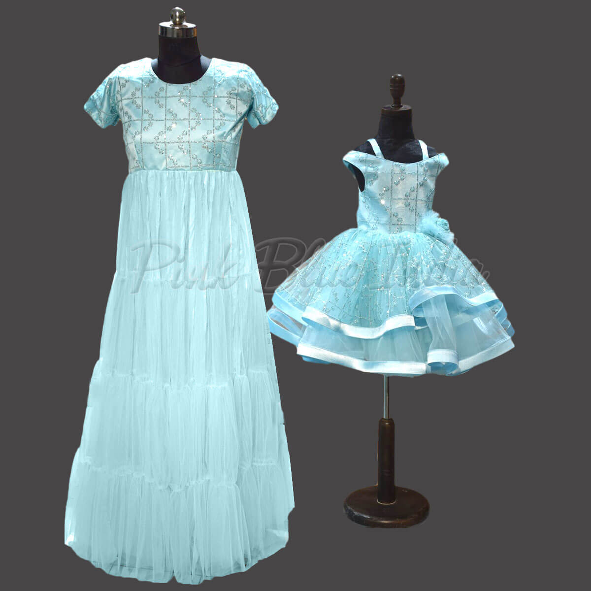 Mom Daughter Matching Blue Tiered Party Wear Gown