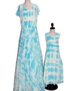 Blue Color Shibori Design Mother and Daughter Full Long Gown