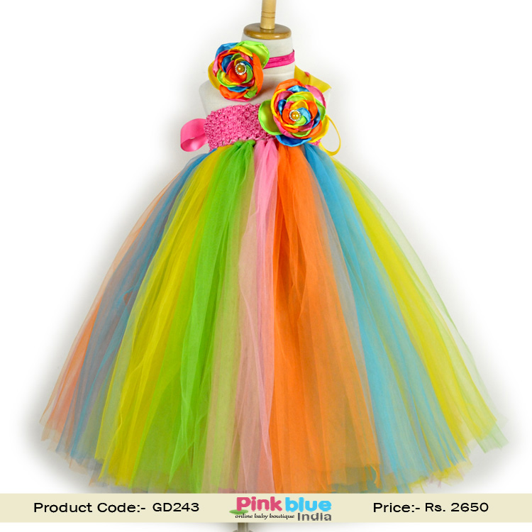 Rainbow Colored Tutu Dress for Baby Girls with Matching Hair Band