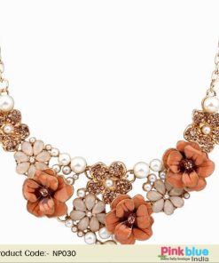 Necklace Jewelry Set for Women with Beaded Flowers in Golden and Orange