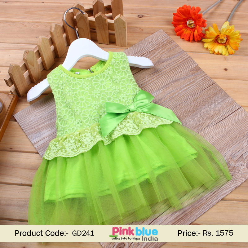 Buy Online Neon Green Wedding Dress for Baby Girl with Net Layers