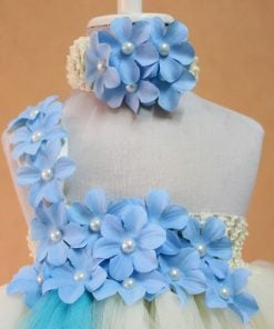 Buy Online Newborn Tutu Party Flower Dress in White and Sky Blue with Net Flare