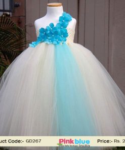 Buy Online Newborn Tutu Party Flower Dress in White and Sky Blue with Net Flare
