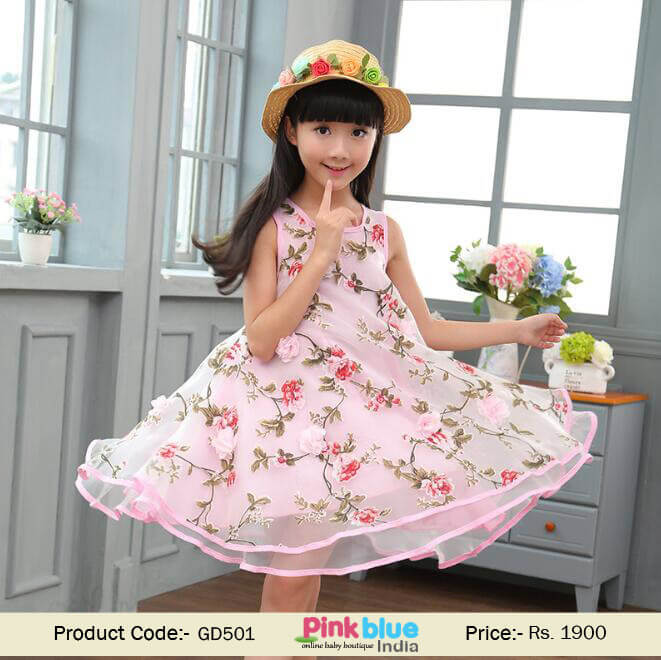 New Summer Baby Girls Party Pink Flower Dress - Kids Frocks Online