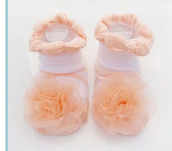 Pretty Peach Non Slip Designer Kids Socks with Net Flowers