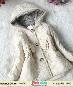 Off-white Baby Girl’s Woolen Jacket with Hood in Self Pattern