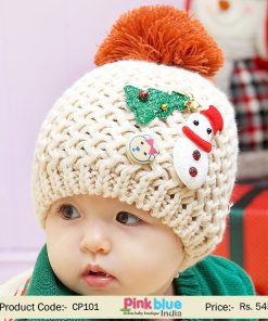 Shop Online Off White Cap for Kids With Orange Fur Ball and Christmas Motifs