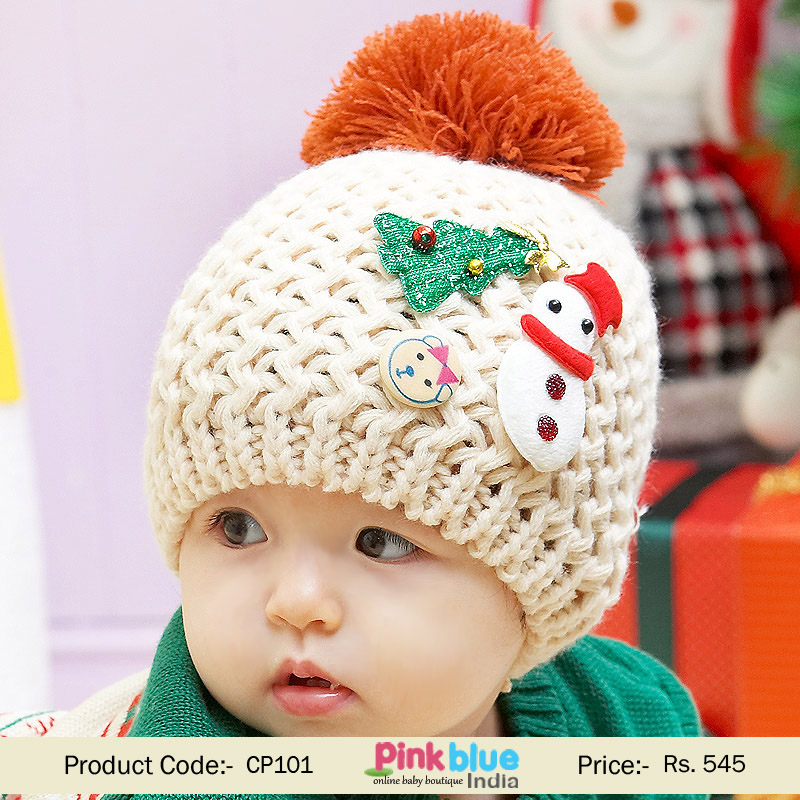 Shop Online Off White Cap for Kids With Orange Fur Ball and Christmas Motifs