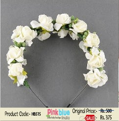 Off-White Floral Infant Headband with Roses and Green Leaves
