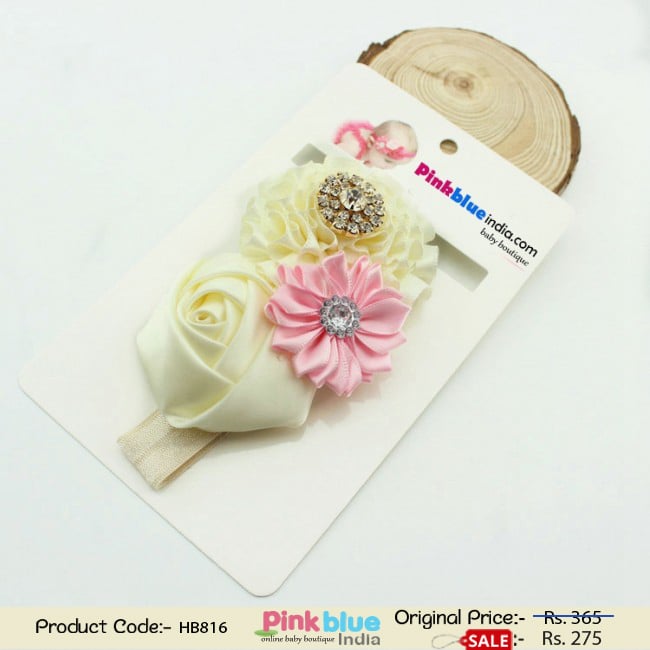 Stylish Off-White Infant Headband Three Flowers and Embellishments