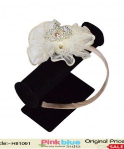 Designer Off White Net Party Hair Band for Cute Girls with Crown Motif