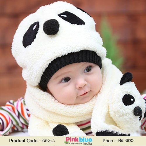 Buy Off White Panda Style Newborn Baby Cap with Muffler