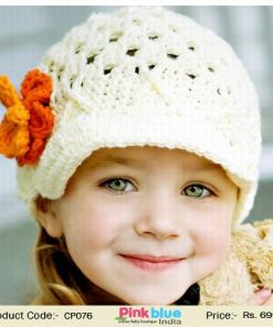 Elegant Off White Winter Crochet Knitted Baby Cap With Orange Flower