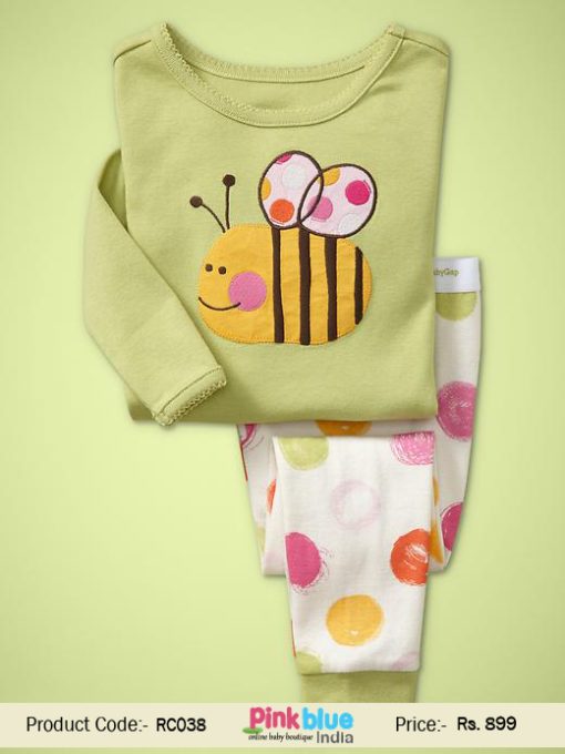 Olive Green Baby T-shirt with Bee Pattern with Colorful Pajamas in India