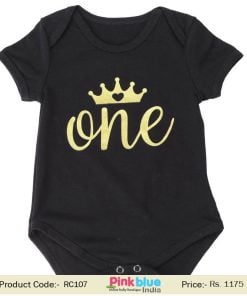Black One Piece Romper Baby Girl's 1st Birthday Party Crown Print