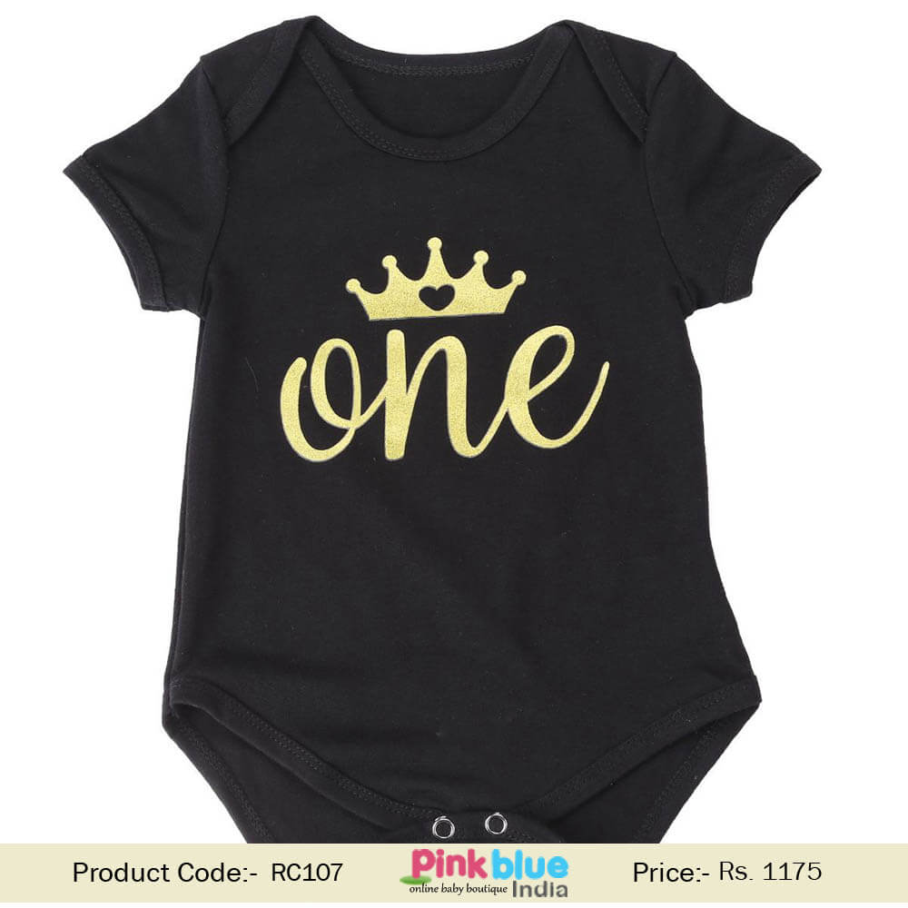 Black One Piece Romper Baby Girl's 1st Birthday Party Crown Print