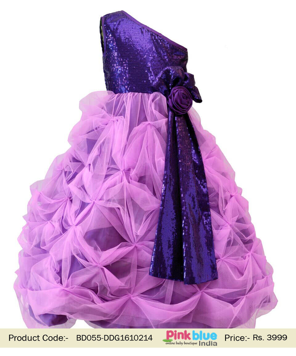 Purple Little Girls Wedding Party Gown One Shoulder Birthday Dress