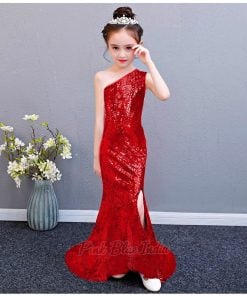 Red Dress party Wear, Birthday, One Shoulder Sequin Girls Dress Online