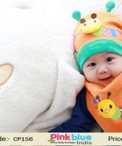 Orange Combination of Soft and Warm Caterpillar Muffler and Cap for Infants in India