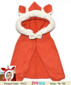 Cute Orange Knitted Cowl Cap With Bunny Ears with White Fur