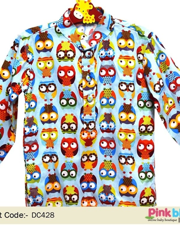 Cute Owl Print Party Wear Cotton Kurta for Boys Online