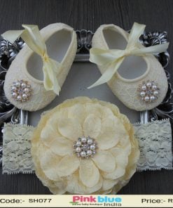 Cute Cream Baby Girl Party Shoes with Ribbon Bow and Free Floral Headband
