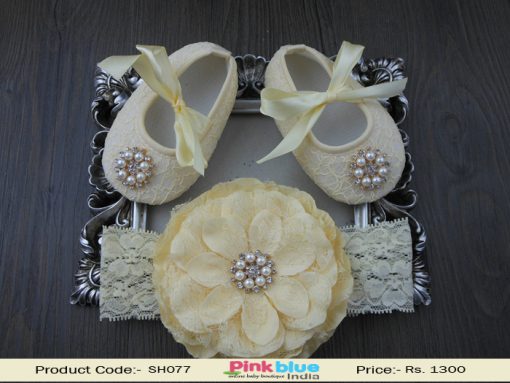 Cute Cream Baby Girl Party Shoes with Ribbon Bow and Free Floral Headband