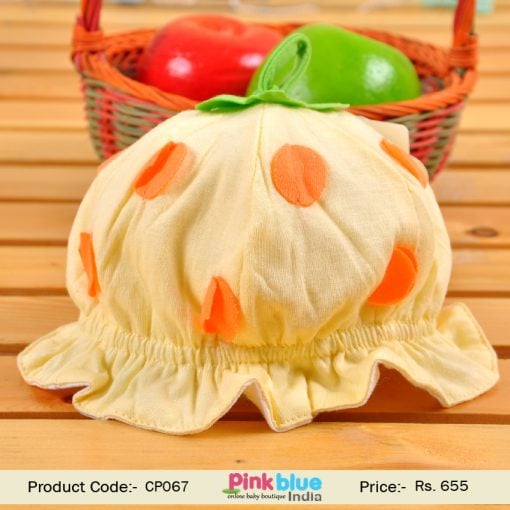 Pale Yellow Summer Infant Pumpkin Cap With Orange Polka Dots