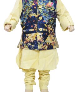 Pale Yellow Designer Kurta Pajama with Blue Jacket for Children