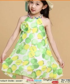 Buy Online Parrot Green and Yellow Fruit Print Baby Girl Dress for Special Occasions