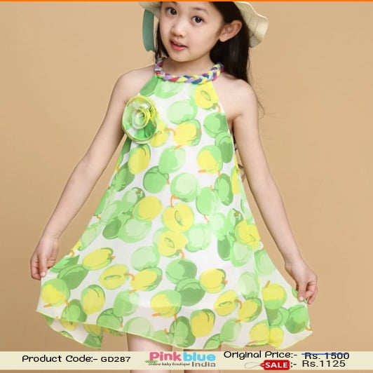 Buy Online Parrot Green and Yellow Fruit Print Baby Girl Dress for Special Occasions