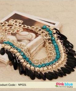 Party Wear Necklace in Golden Loops with Turquoise, Black and White Stones