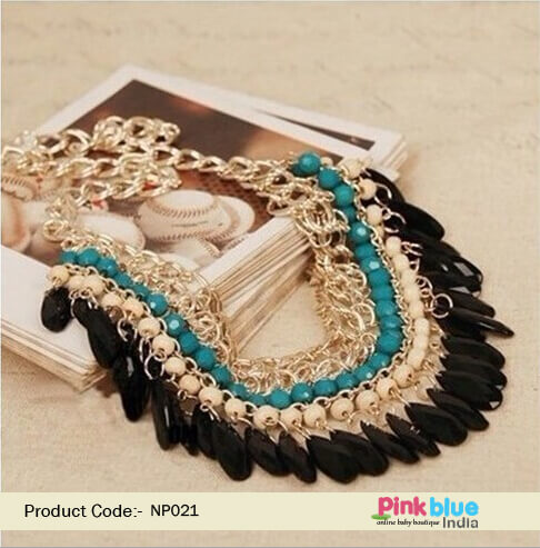 Party Wear Necklace in Golden Loops with Turquoise, Black and White Stones