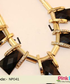 Partywear Posh Necklace in Black Beads with Golden Plates and White Stones
