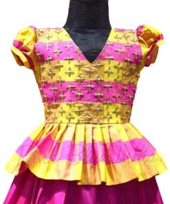 Girl Pink and Yellow Silk Ethnic Pattu Pavadai Lehenga