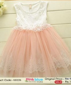 Party Wear Knee Length Baby Net Frock in Peach and White Color