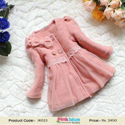Shop Online Peach Newborn Baby Winter Jacket With Bow and Flare