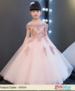 Baby Girl Birthday Dress India, Peach Color off Shoulder Partywear Gown