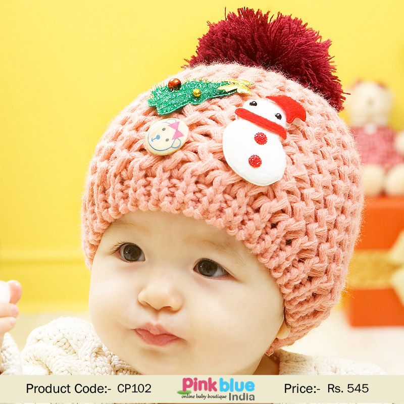 Peach Knitted Christmas Winter Cap for Indian Baby with Red Fur