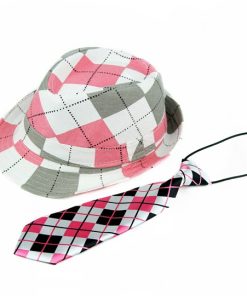 Baby Pink and Grey Checks Kids Fedora Hat with Matching Tie