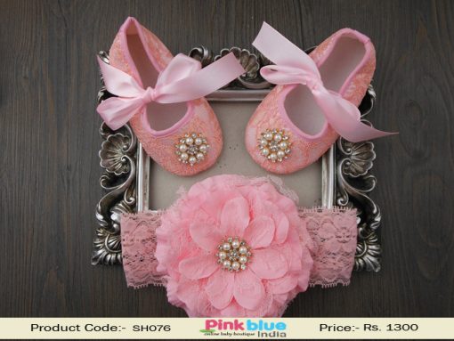 Gorgeous Pink and Peach Net Birthday Shoes for Baby Girls with a Free Hair Band