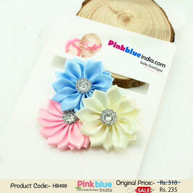 Pink, Blue and Off-White Flowers Hair Band for Infant Babies with Diamond Embellishments