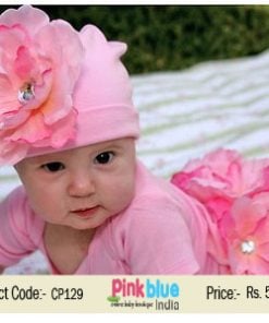 Beautiful Pink Designer Cap for Newborn Kids With Big Flower