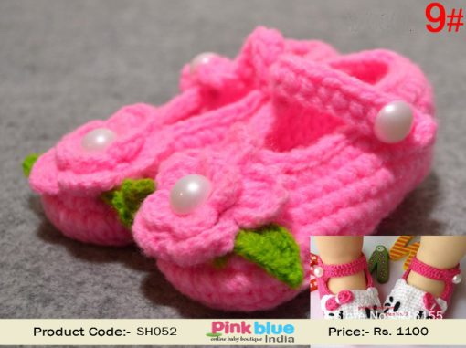 Pink Crochet Baby Slip-ons for Toddler Girls With White Pearls