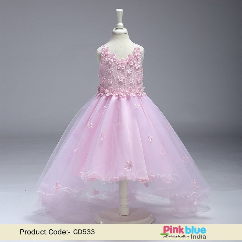 Designer Flower Girl Dress, Pink Hi-low Wedding Dress, Baby Birthday Frock Online