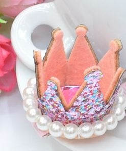Shimmery Pink Designer Hair Clip With Crown and Pearl for Baby Girls