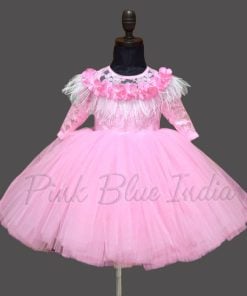 Girls Pink Feather Dress - Feather Lace Gown, Couture Birthday Party Dress