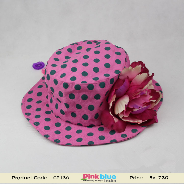Fashionable Pink Hat with Green Dots and a Big Flower for Indian Infants
