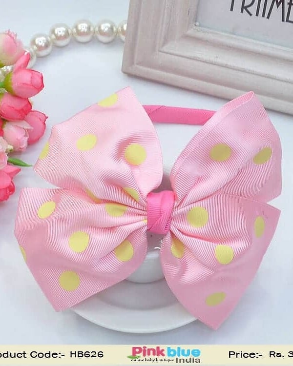  Pink Infant Headband with Matching Bow with Yellow Dots