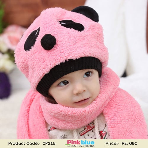 Cute Pink Panda Style Toddler Kid Cap with Muffler in India